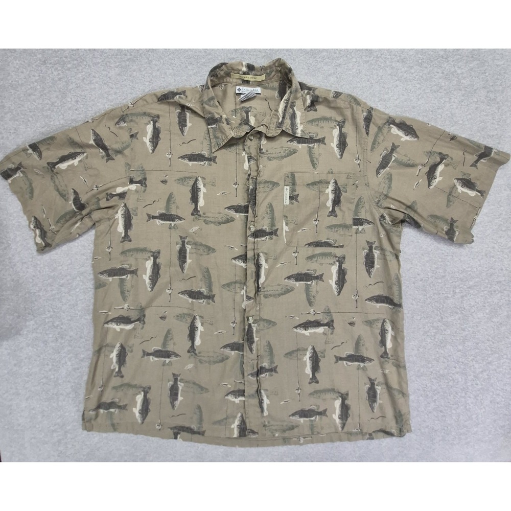 Columbia River Lodge Shirt Mens 2XL Brown Fish Lure Print Cotton Short Sleeve
